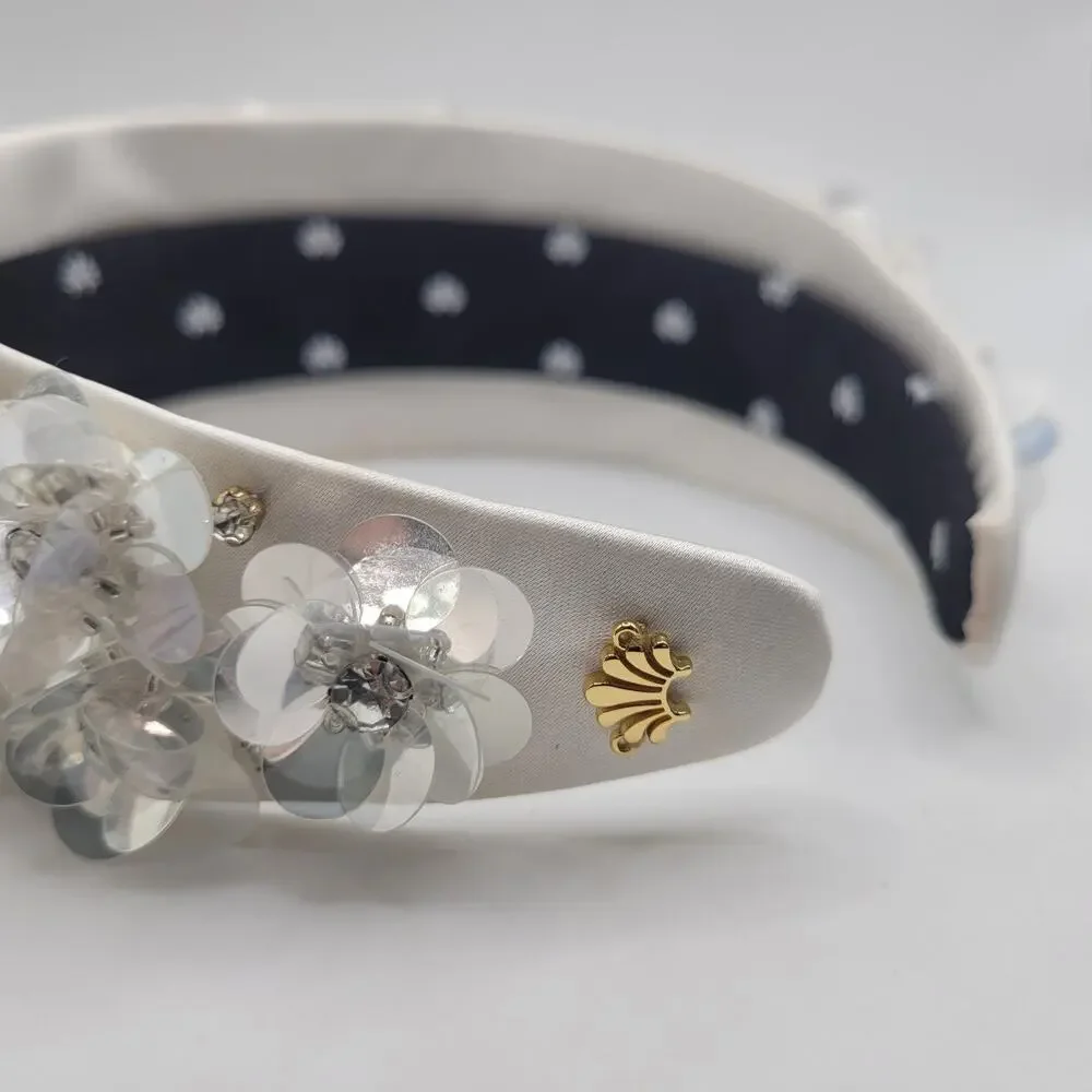 Lele Sadoughi Headband Brigitte Paillette Floral Crystal Wide Dove White NEW